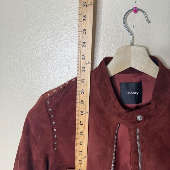 Theory Jacket Women's Large Burgundy Suede Leather Moto Studded Full Zip Pockets - Picture 8 of 12